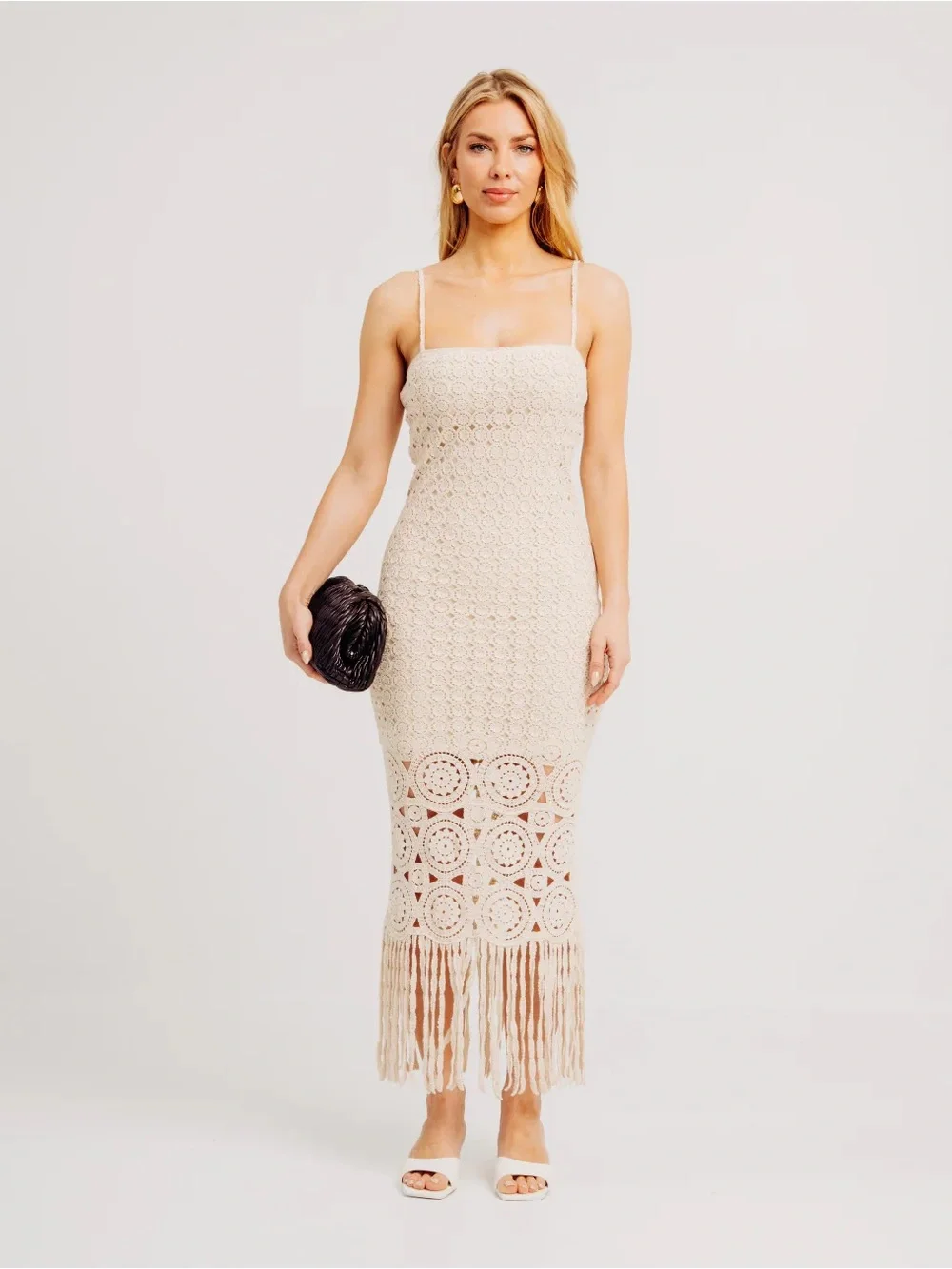 NWT Torn by Ronny Kobo Collection Cream Crochet Fringe Midi Dress $208 - Picture 1 of 9